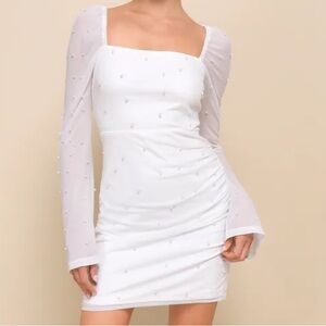 Flirty Luxury Ivory Mesh Pearl Long Sleeve Mini Dress Lulus